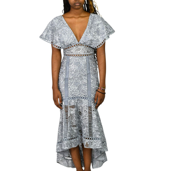 ASOS Midi Dress Grey Embroidery Lace Flutter Sleeve Fishtail Mermaid Formal 0 - Picture 1 of 16